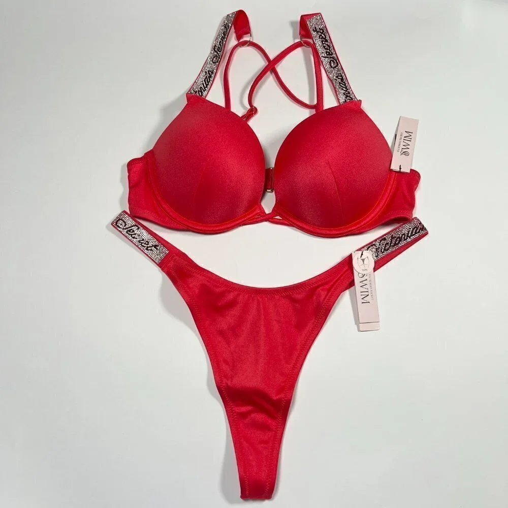 Victoria Secret 38DD XL Bombshell Push Up Bikini Top THONG Set LOGO Shine Strap